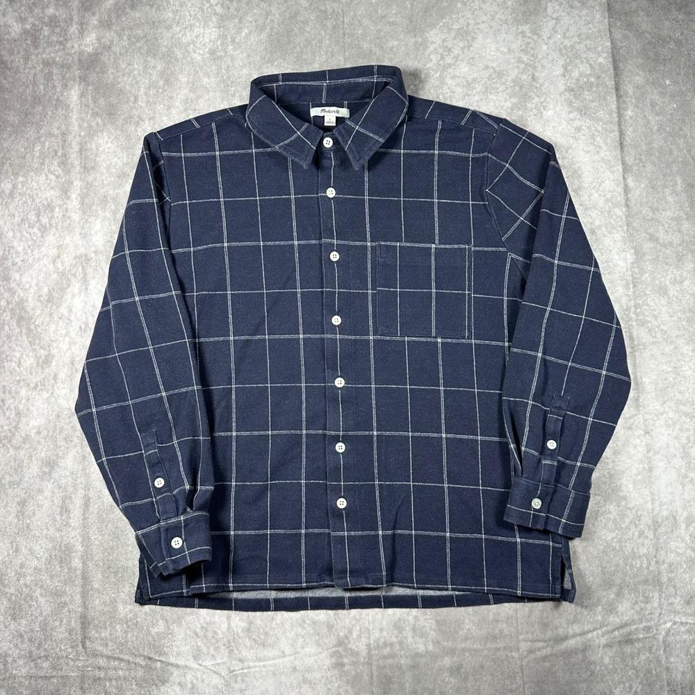 Madewell Womens Navy Blue Windowpane‎ Flannel Shirt L Plaid Grid Cozy Cabincore